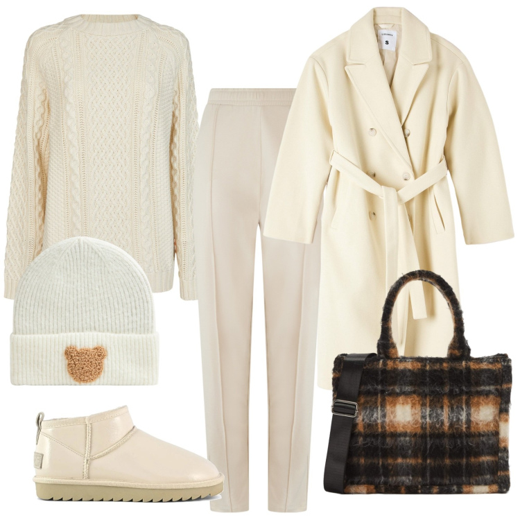 Outfit donna - Bianco panna. Stile Casual per Tutti i giorni. Abbinamento con shopping bag, cappotti, berretti, pantaloni, stivali, maglieria.