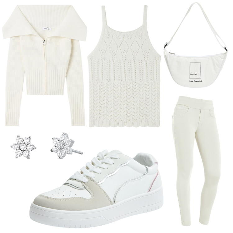 Outfit donna - Total white. Stile Glamour per Tutti i giorni. Abbinamento con marsupi, sneakers, top, cardigans, orecchini, pantaloni skinny.