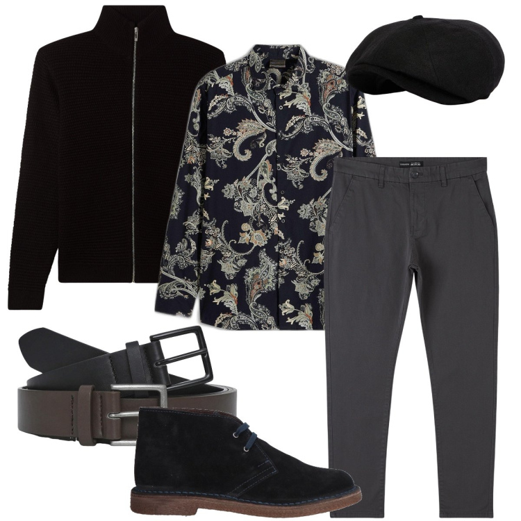 Outfit uomo - La camicia damascata. Stile Trendy per Serata speciale. Abbinamento con camicie, stivali e stivaletti, pantaloni chino, cardigans, cinture, cappelli con visiera.