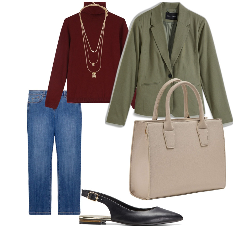 Outfit donna - Praticità. per Tutti i giorni. Abbinamento con blazer, ballerine, ciondoli, shopping bag, maglieria, jeans dritti.