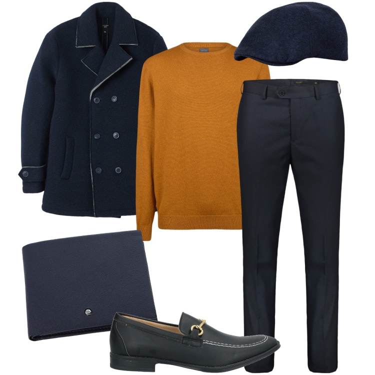 Outfit uomo - Il cappottino blu. Stile Business/Elegante per Serata speciale. Abbinamento con scarpe stringate, giacche, portafogli, maglieria, pantaloni, cappelli con visiera.