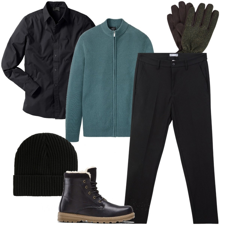Outfit uomo - Il cardigan azzurro petrolio. Stile Urban per Ufficio. Abbinamento con cardigans, camicie, stivali e stivaletti, berretti, pantaloni chino, guanti.