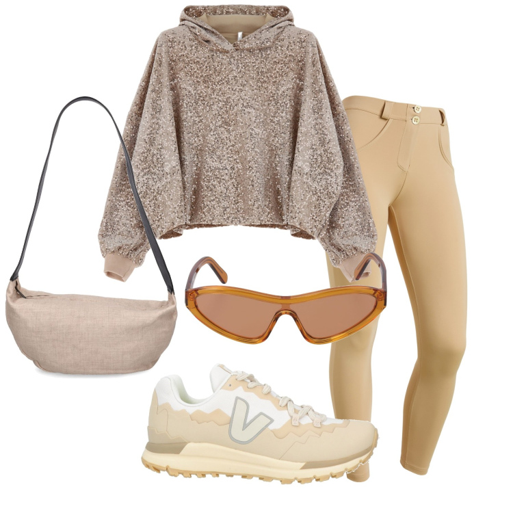 Outfit donna - Cozy. Stile Casual per Tutti i giorni. Abbinamento con sneakers, felpe con cappuccio, pantaloni skinny, occhiali da sole, borse a spalla.