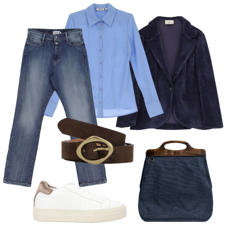 Outfit donna - Blu ufficio. Stile Casual per Ufficio. Abbinamento con sneakers, camicie, jeans dritti, blazer, cinture, borse a tracolla.
