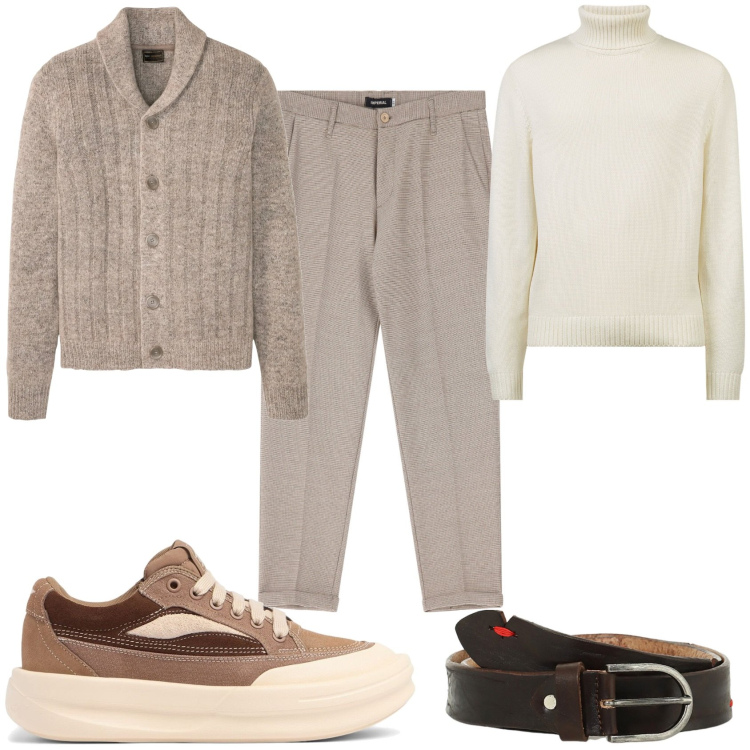Outfit uomo - Mi vesto in marrone. Stile Casual per Tutti i giorni. Abbinamento con cardigans, cinture, pantaloni, maglieria, sneakers.