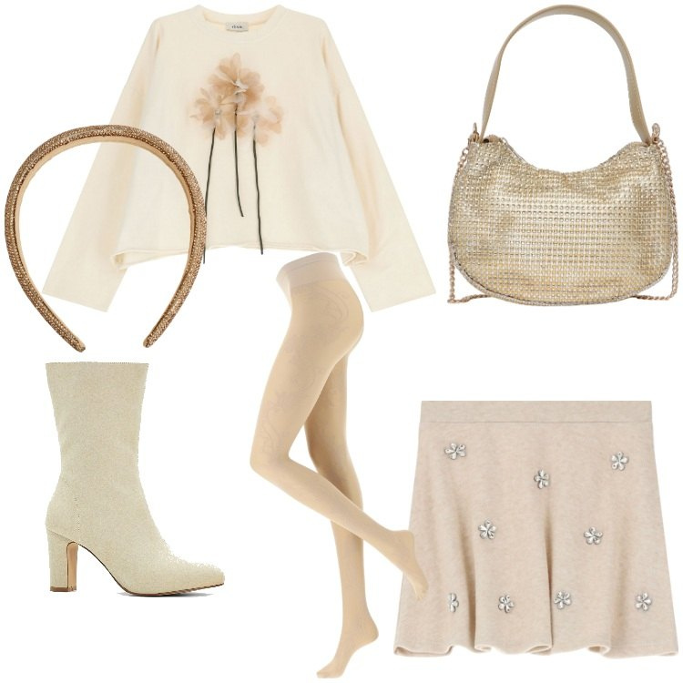 Outfit donna - Una serata romantica. Stile Romantica per Serata fuori. Abbinamento con stivaletti, cerchietti, borse a spalla, collant, minigonne, felpe.