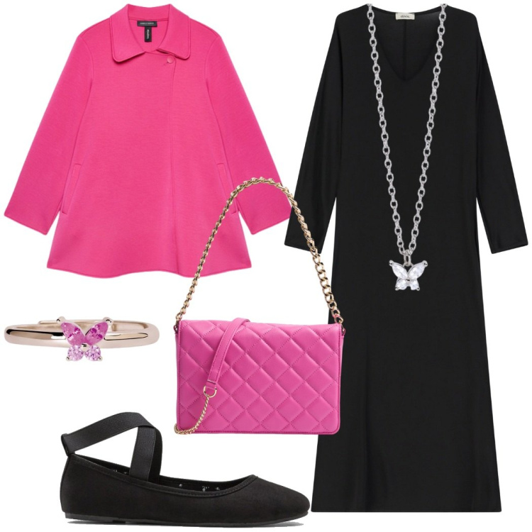 Outfit donna - Serata speciale. Stile Glamour per Serata fuori. look ideale per Tall. Abbinamento con ballerine, borse a tracolla, anelli, collane, vestiti lunghi, cappotti.
