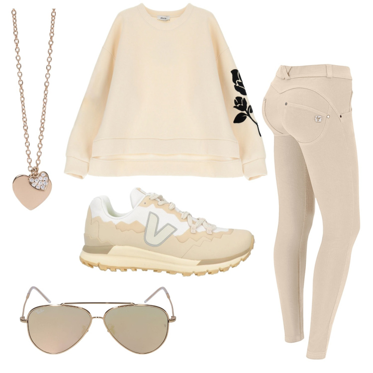 Outfit donna - Vaniglia. Stile Sporty chic per Sport. Abbinamento con sneakers, ciondoli, pantaloni skinny, felpe, occhiali da sole.