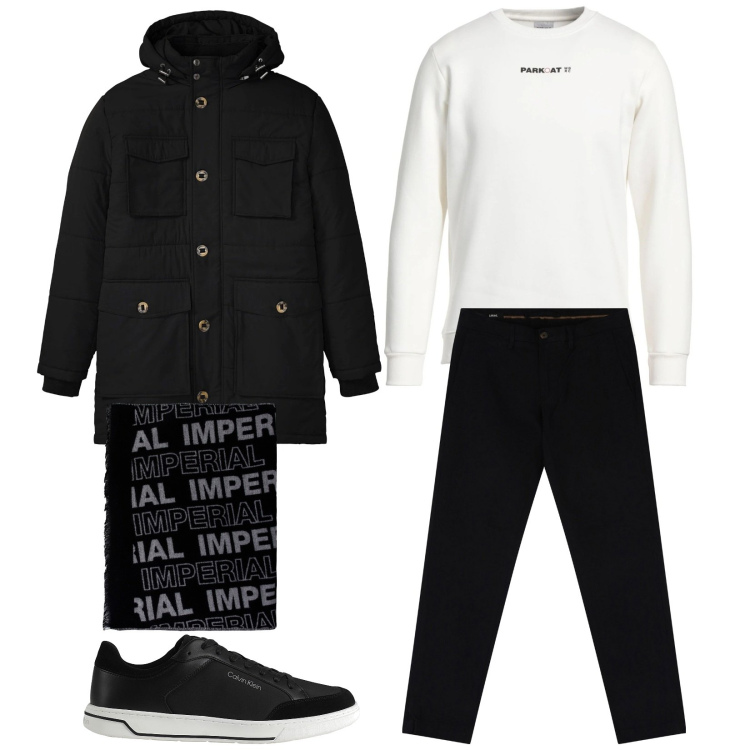 Outfit uomo - Total look #2036602. Stile Casual per Tutti i giorni. Abbinamento con parka, felpe, sneakers, sciarpe, pantaloni chino.
