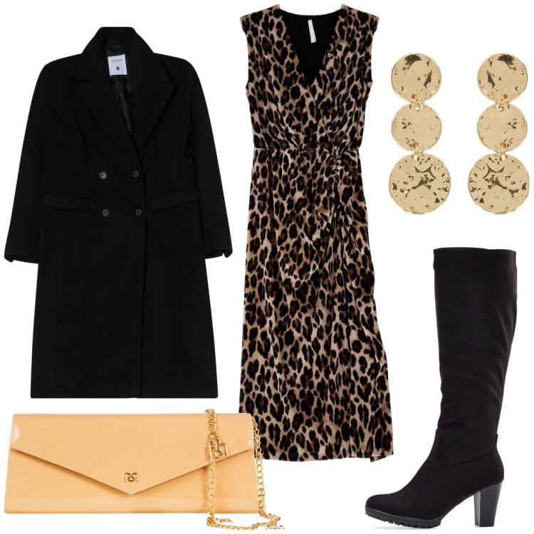 Outfit donna - L\'abito animalier. Stile Sexy per Serata fuori. look ideale per Tall. Abbinamento con stivali, cappotti, pochette, vestiti midi/longuette, orecchini.