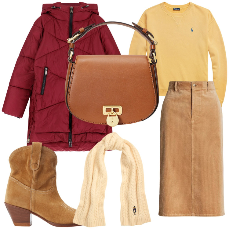 Outfit donna - Calda ed elegante. Stile Casual chic per Tutti i giorni. Abbinamento con piumini, stivaletti, gonne, borse a tracolla, sciarpe, pullovers.
