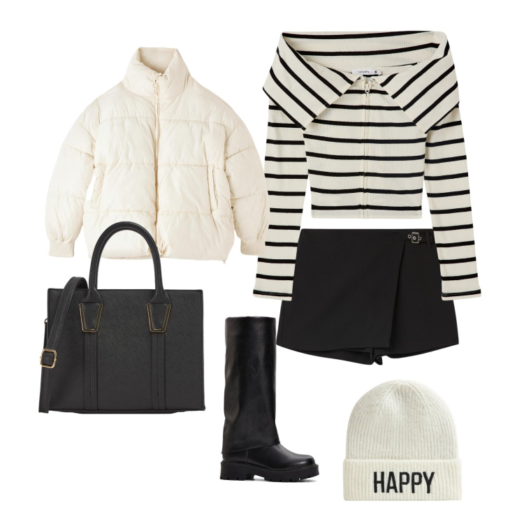 Outfit donna - Happy. Stile Casual chic per Tutti i giorni. Abbinamento con stivali, cardigans, shopping bag, piumini, minigonne, berretti.