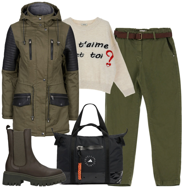 Outfit donna - City. Stile Urban per Tutti i giorni. Abbinamento con parka, stivaletti, pantaloni, maglieria, shopping bag.