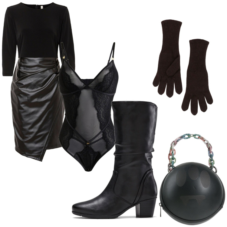 Outfit donna - Sex bomb. Stile Sexy per Serata fuori. Abbinamento con vestiti, stivali, body, borse a mano, guanti.
