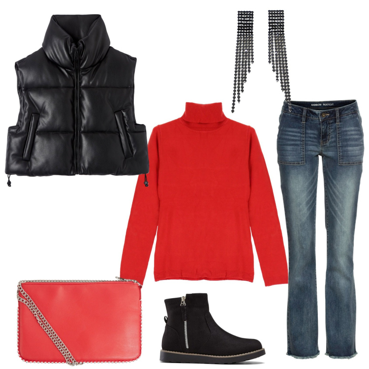 Outfit donna - Di corsa al corso.... Stile Casual per Scuola/Università. Abbinamento con jeans bootcut, stivaletti, borse a tracolla, piumini, maglieria, orecchini.