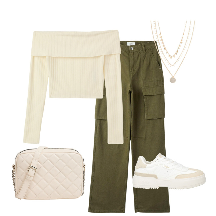 Outfit donna - Panna e verde. Stile Casual per Tutti i giorni. Abbinamento con collane, sneakers, pantaloni cargo, borse a tracolla, maglieria.