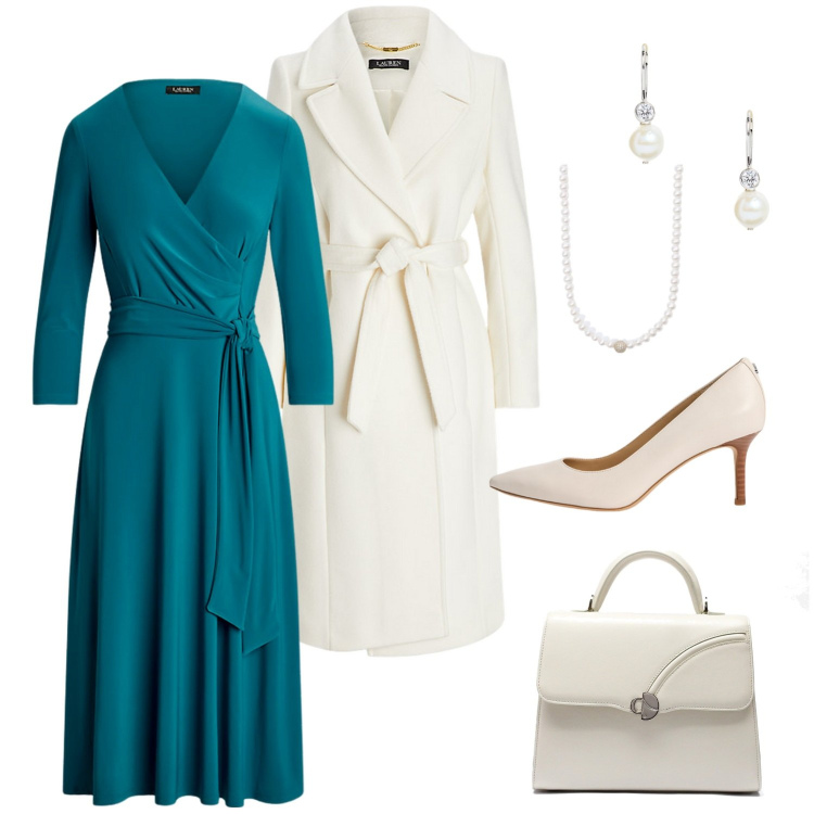 Outfit donna - Panna e Ottanio. Stile Chic per Tutti i giorni. Abbinamento con collane, vestiti, cappotti, décolleté, orecchini, borse a mano.
