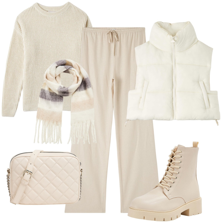 Outfit donna - Avorio e panna in saldo. Stile Casual per Tutti i giorni. Abbinamento con pantaloni cargo, piumini, borse a tracolla, anfibi, maglieria, sciarpe.