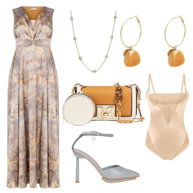 Outfit donna - Cerimonia di anniversario. Stile Sexy per Cerimonia. Abbinamento con body, décolleté, orecchini, collane, vestiti, pochette.
