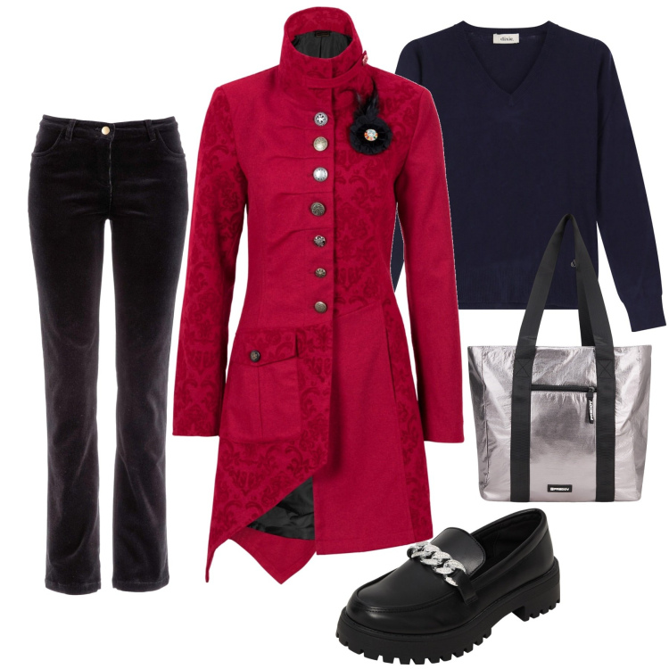 Outfit donna - Cappotto stiloso red. Stile Trendy per Ufficio. Abbinamento con pantaloni, cappotti, mocassini, shopping bag, maglieria.