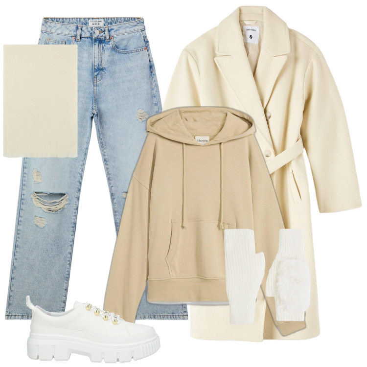 Outfit donna - Total look #2036690-2. Stile Urban per Tutti i giorni. Abbinamento con felpe con cappuccio, sneakers, jeans strappati, cappotti, guanti, sciarpe.