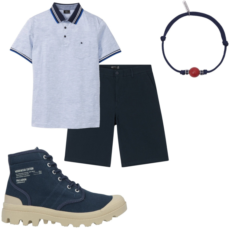 Outfit uomo - Polo e bermuda. Stile Urban per Tutti i giorni. Abbinamento con polo, stivali e stivaletti, bermuda, braccialetti.
