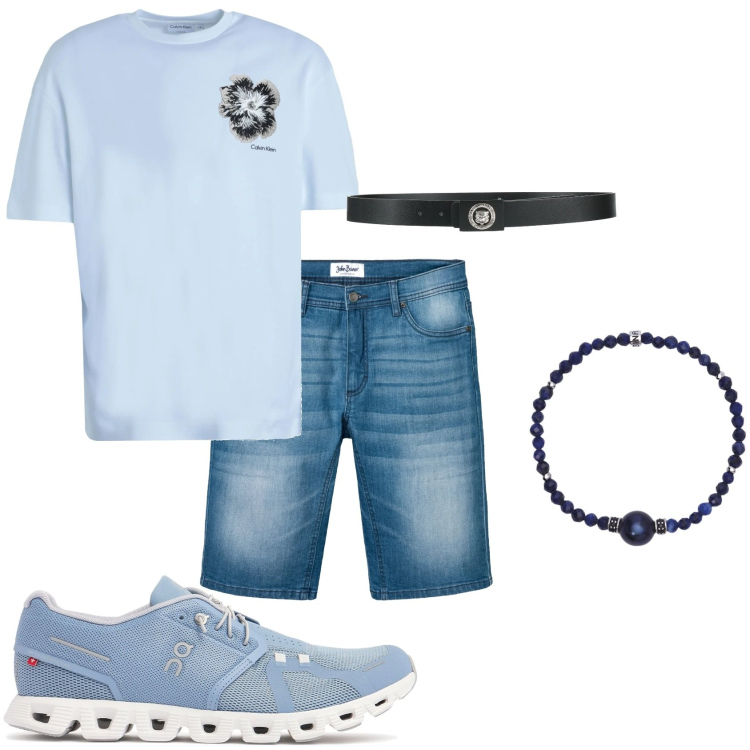 Outfit uomo - Bermuda jeans e maglietta. Stile Casual per Tutti i giorni. Abbinamento con bermuda, t-shirt, cinture, braccialetti, sneakers.