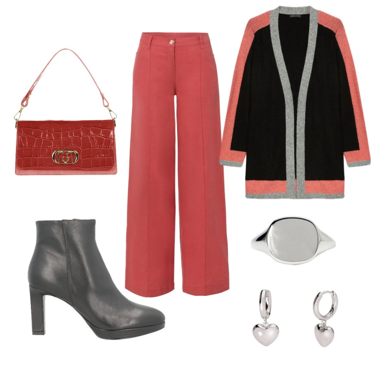Outfit donna - Casual chic. Stile Casual chic per Tutti i giorni. Abbinamento con stivaletti, pantaloni a palazzo, anelli, orecchini, cardigans, borse a tracolla.