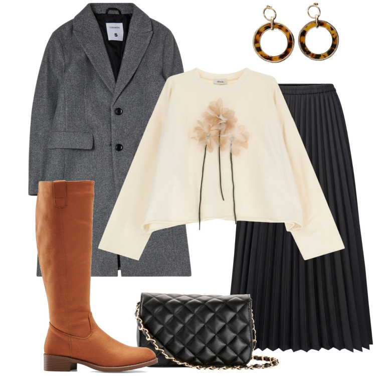 Outfit donna - La felpa diventa romantica. Stile Romantica per Tutti i giorni. Abbinamento con borse a tracolla, stivali, cappotti, felpe, orecchini, gonne longuette.