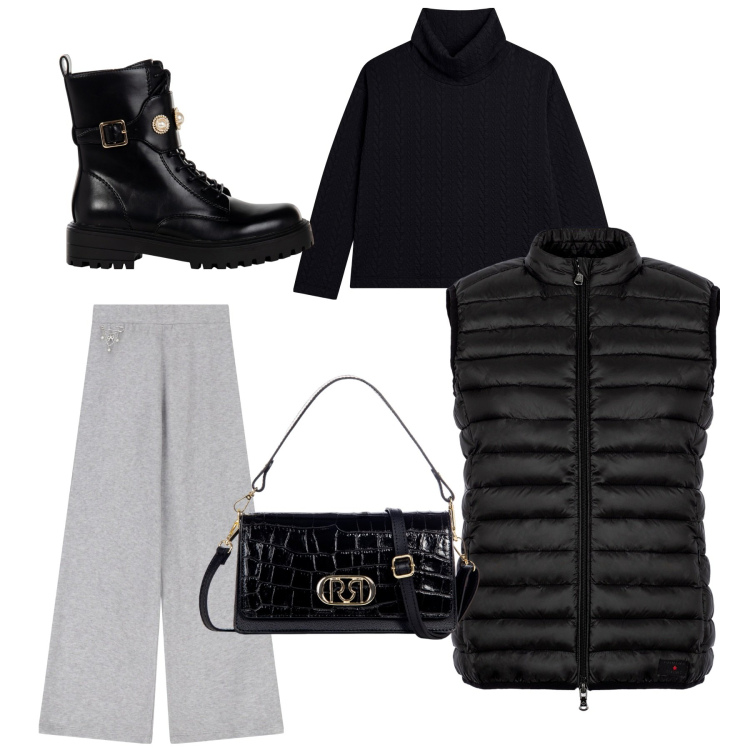 Outfit donna - Black Winter. Abbinamento con anfibi, borse a tracolla, maglieria, pantaloni, piumini.