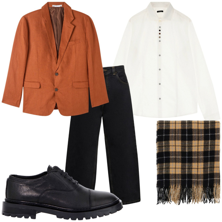 Outfit uomo - La giacca per un aperitivo. Stile Trendy per Tutti i giorni. Abbinamento con giacche, sciarpe, scarpe stringate, camicie, jeans.