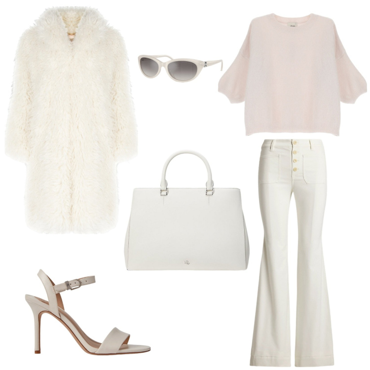 Outfit donna - Una nuvola. Stile 70s Abbinamento con cappotti, occhiali da sole, pantaloni, sandali in pelle, borse a mano, pullovers.