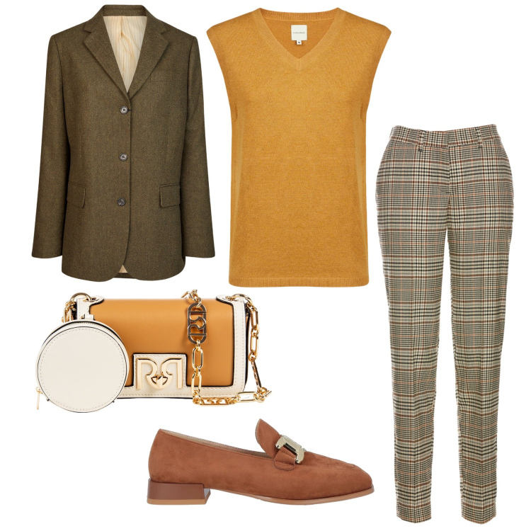 Outfit donna - Ufficio. Stile Casual chic per Ufficio. Abbinamento con pantaloni, mocassini, pochette, maglieria, blazer.