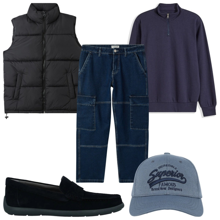 Outfit uomo - Total look #2036755. Stile Trendy per Tutti i giorni. Abbinamento con felpe, scarpe stringate, cappelli con visiera, jeans, piumini.