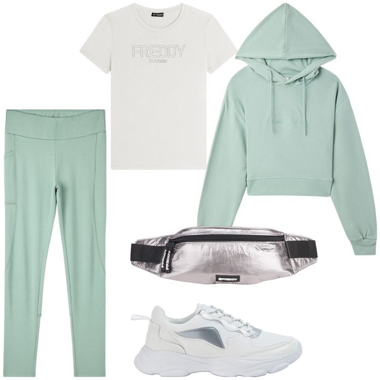Outfit donna - Stile da palestra. Stile Sporty chic per Sport. Abbinamento con leggings, felpe con cappuccio, sneakers, borse sportive, t-shirt.
