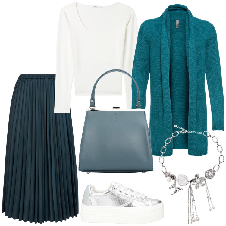 Outfit donna - Layering sporty chic. Stile Sporty chic per Tutti i giorni. Abbinamento con cardigans, sneakers, t-shirt, collane, clutch, minigonne.