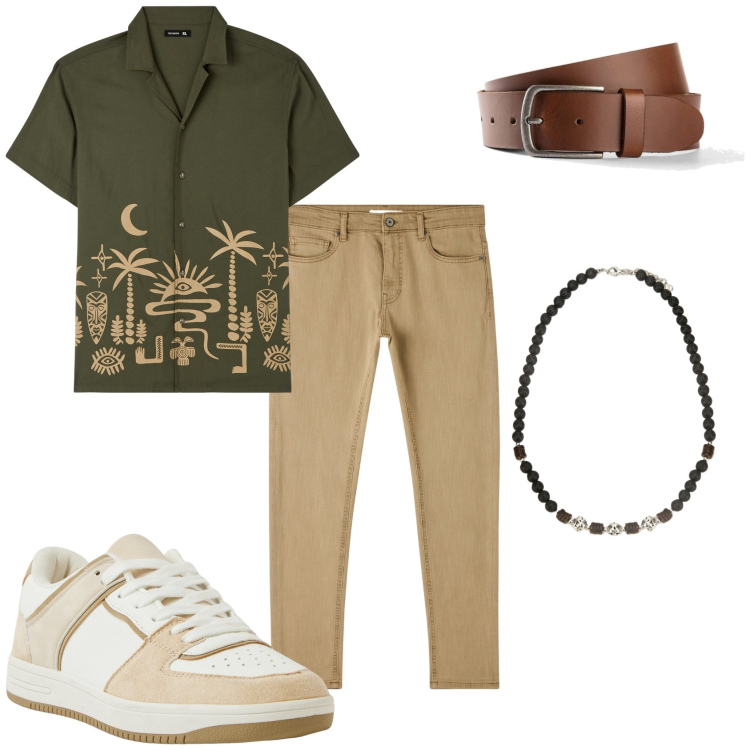 Outfit uomo - La domenica mattina. Stile Trendy per Tutti i giorni. Abbinamento con cinture, camicie a manica corta, pantaloni skinny, sneakers, collane.
