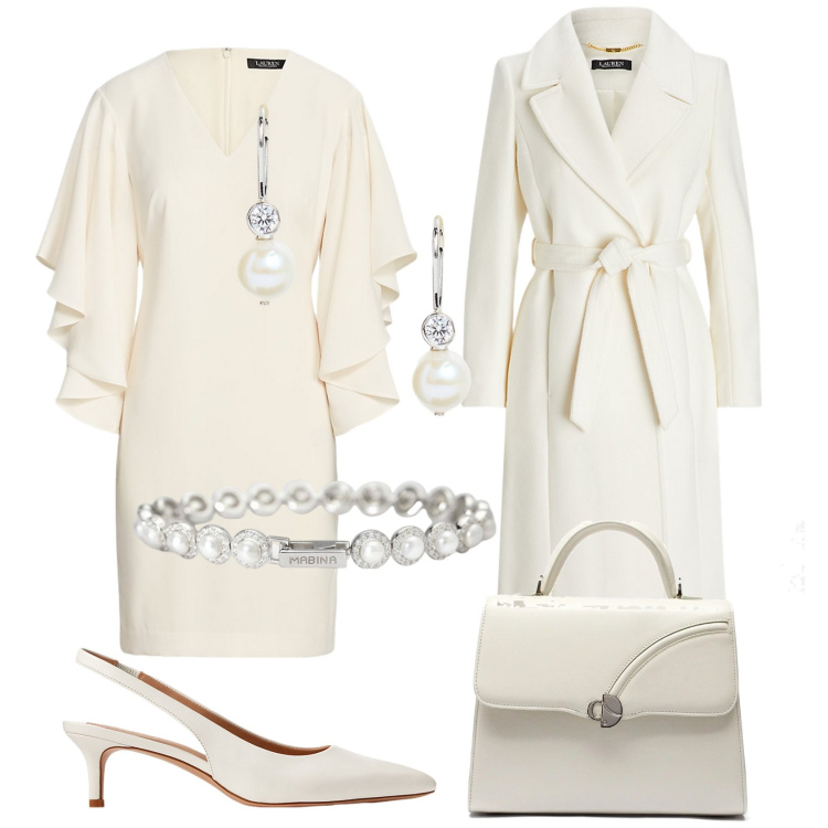 Outfit donna - Total white. Stile Chic per Cerimonia. Abbinamento con braccialetti, cappotti, vestiti, orecchini, décolleté, borse a mano.