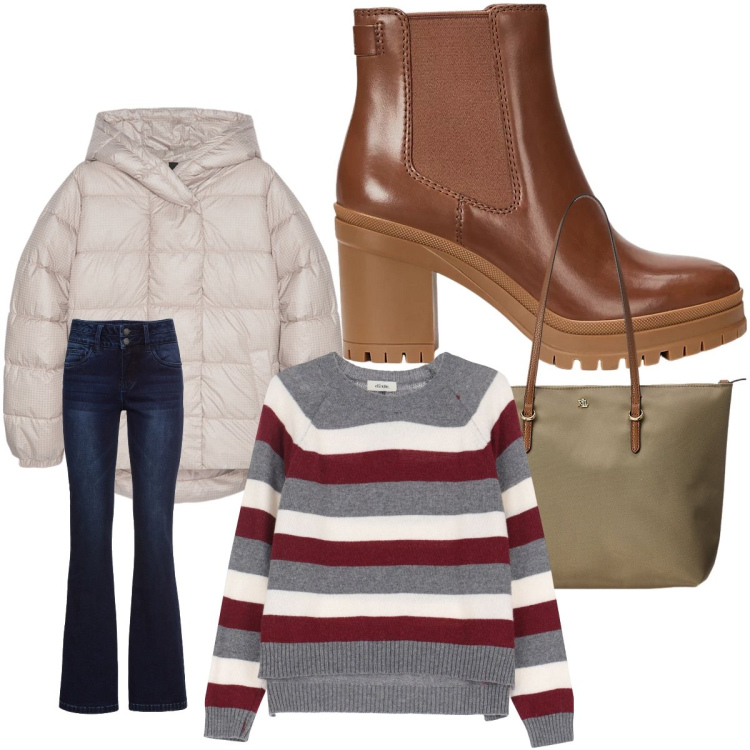 Outfit donna - In giro con le amiche. Stile Casual per Tutti i giorni. Abbinamento con jeans bootcut, pullovers, borse tote, stivaletti chelsea, piumini.