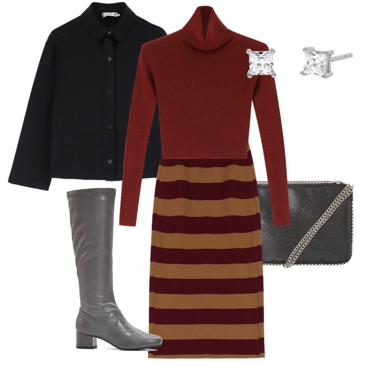 Outfit donna - La gonna a righe. Stile Urban per Ufficio. Abbinamento con stivali, borse a tracolla, orecchini, gonne longuette, maglieria, cappotti.