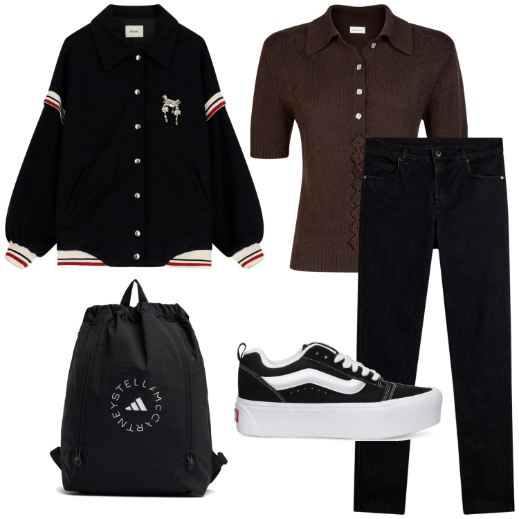 Outfit donna - Mannish. Stile Mannish per Scuola/Università. Abbinamento con jeans skinny, bomber, polo, sneakers, zaini.