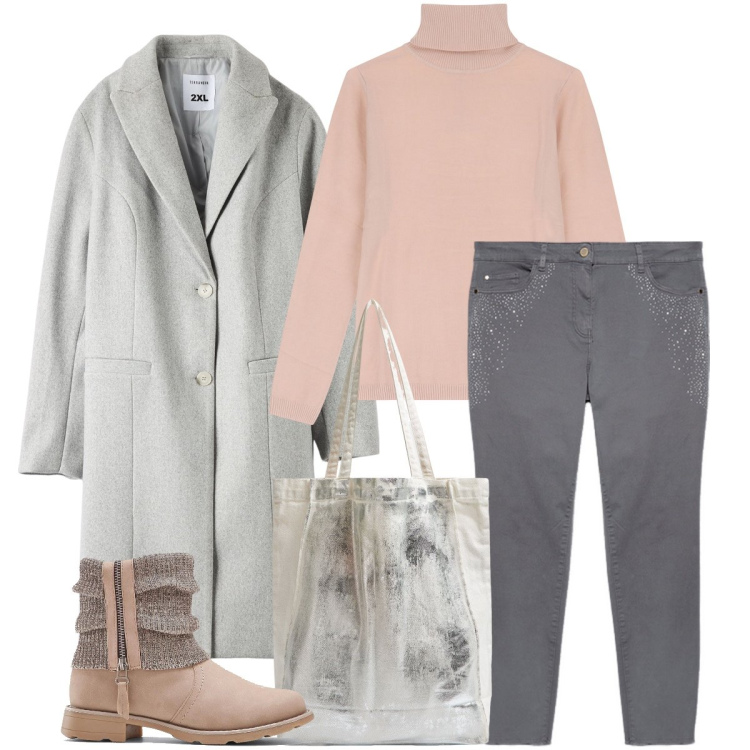 Outfit donna - La shopper lucida. Stile Casual chic per Ufficio. Abbinamento con stivaletti, maglieria, cappotti, shopping bag, jeans skinny.