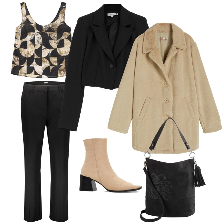 Outfit donna - Total look #2036809. Stile Chic per Ufficio. Abbinamento con borse a mano, stivaletti, blazer, top, cappotti, pantaloni.