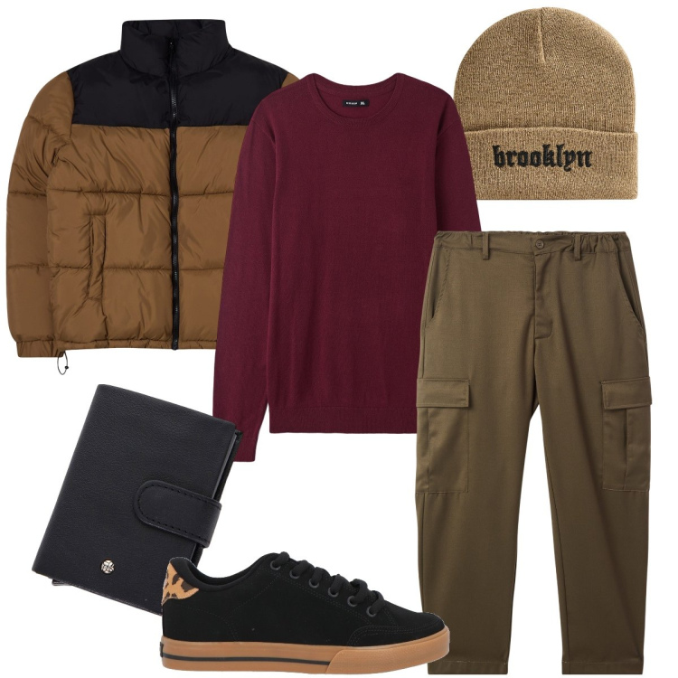 Outfit uomo - La maglia bordeaux. Stile Casual per Tutti i giorni. Abbinamento con sneakers, giacche, maglieria, berretti, pantaloni cargo, portafogli.