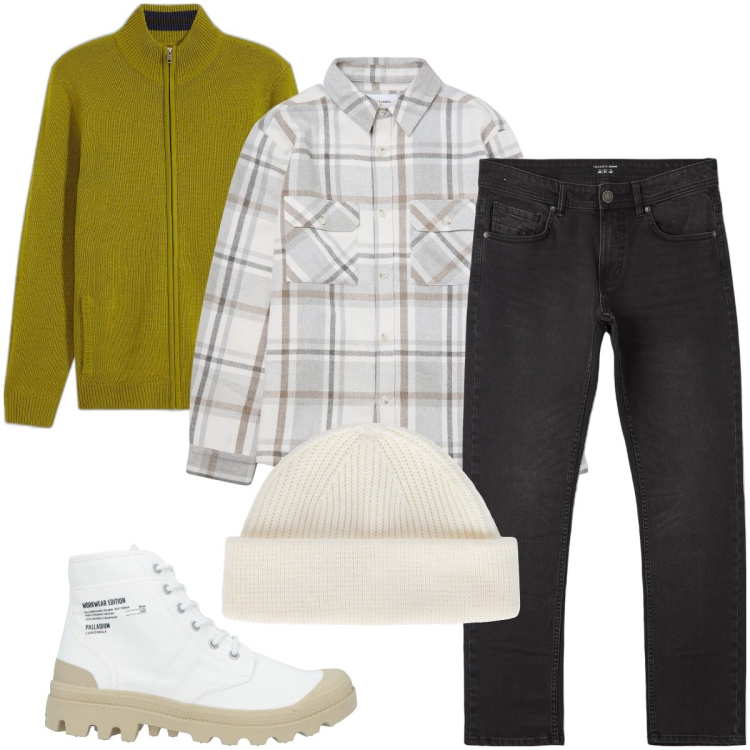 Outfit uomo - Per le colline. Stile Casual per Tutti i giorni. Abbinamento con cardigans, stivali e stivaletti, jeans dritti, cappotti, berretti.