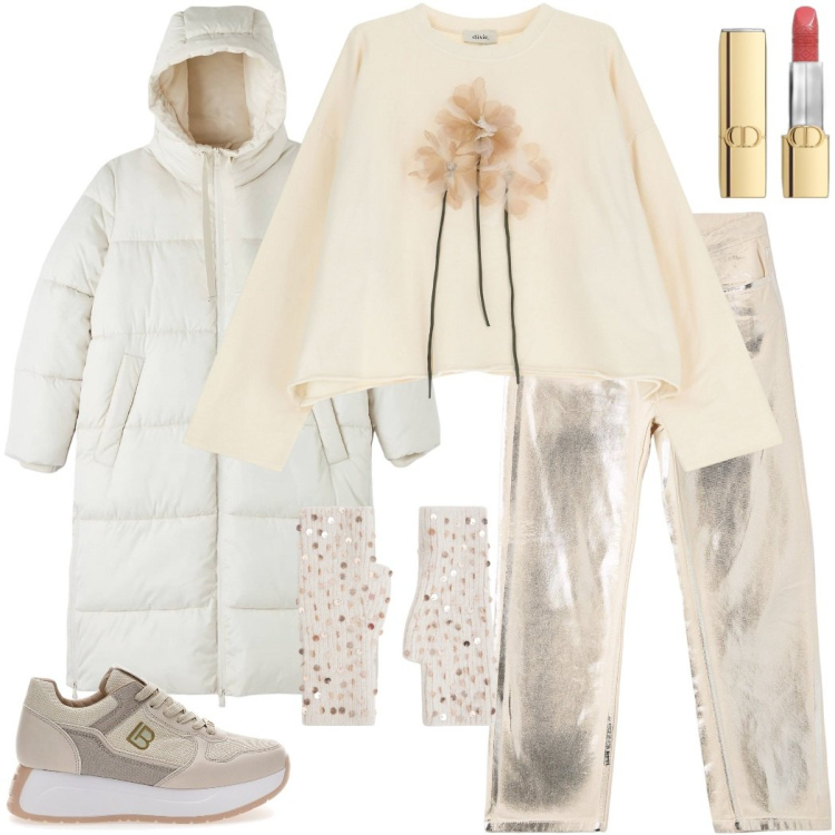 Outfit donna - Denim dorato a gennaio. Stile Glamour per Tutti i giorni. Abbinamento con rossetti, piumini, jeans, guanti, felpe, sneakers.