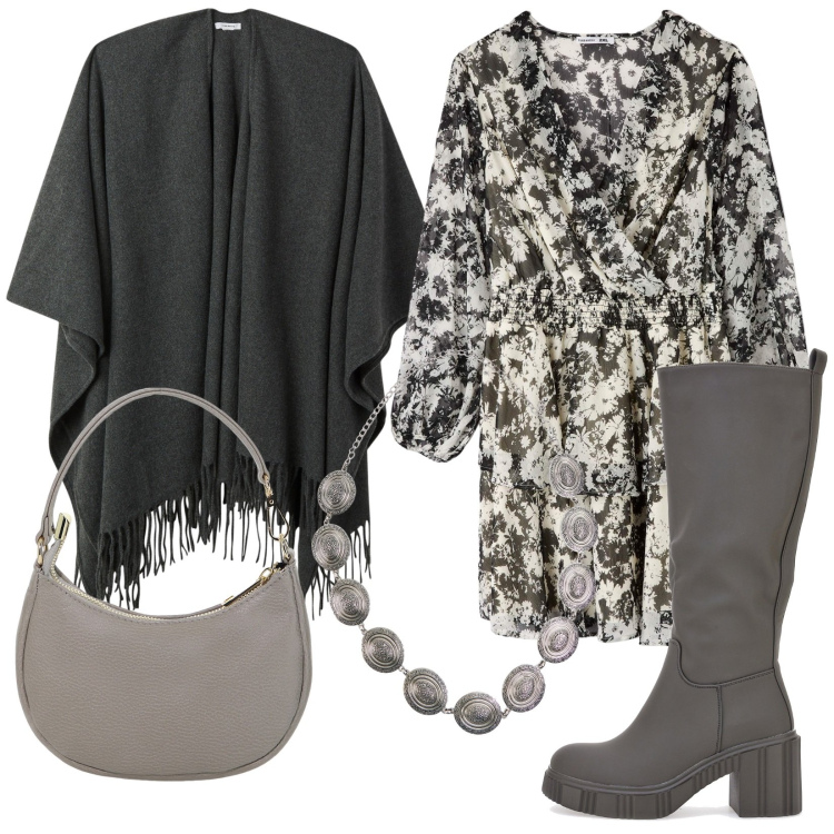 Outfit donna - Wrap dress. Stile Trendy per Tutti i giorni. Abbinamento con cappe, vestiti corti, cinture, borse a spalla, stivali.