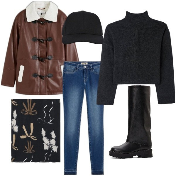 Outfit donna - Total look #2036852. Stile Casual chic per Tutti i giorni. Abbinamento con stivali, jeans skinny, montgomery, cappelli con visiera, maglieria, sciarpe.