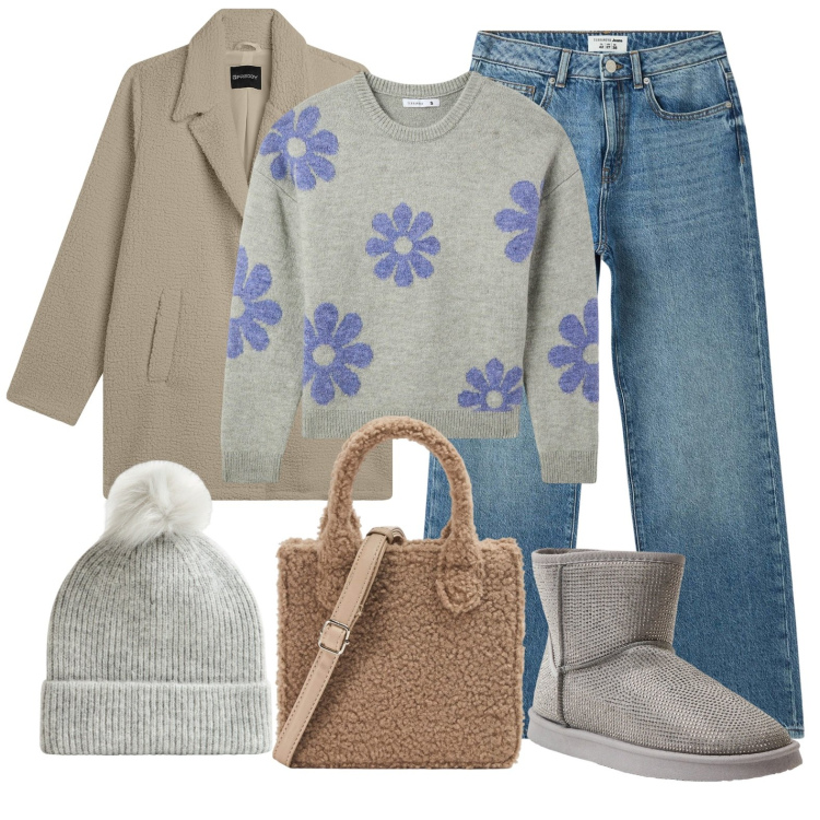 Outfit donna - Sporty Peluche. Stile Casual per Tutti i giorni. Abbinamento con maglieria, jeans dritti, shopping bag, stivali, berretti, cappotti.