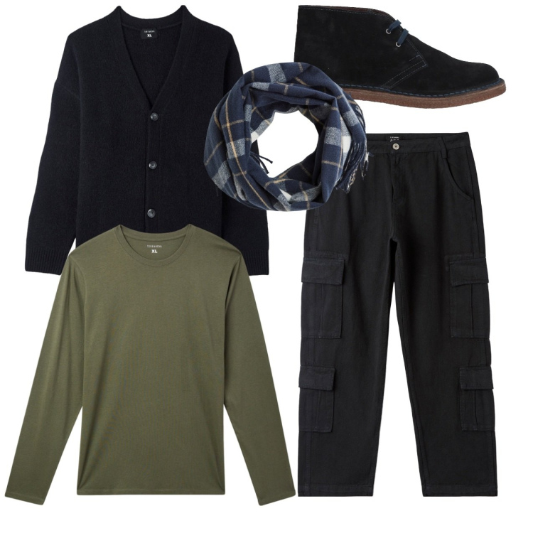 Outfit uomo - Comodo in cargo. Stile Urban per Tutti i giorni. Abbinamento con stivali e stivaletti, t-shirt, pantaloni cargo, cardigans, sciarpe.